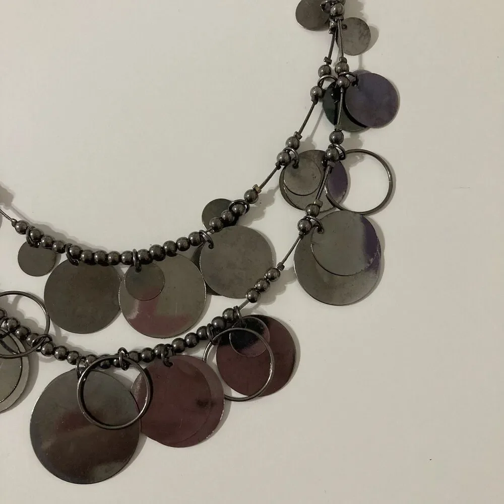 Wire Disc Round Circle Ringlet Chrome Bead Statement Bib Necklace Adjustable